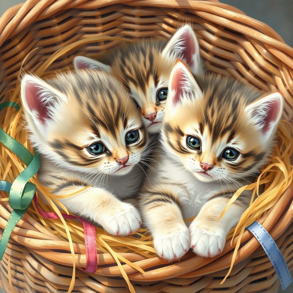 Whimsical Kittens in a Golden Basket