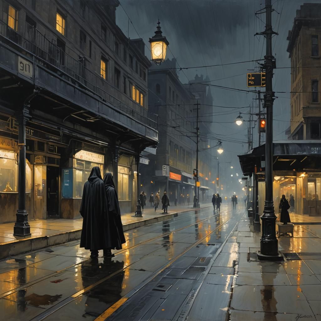 Eerie Night on Train Platform as Oil Painting