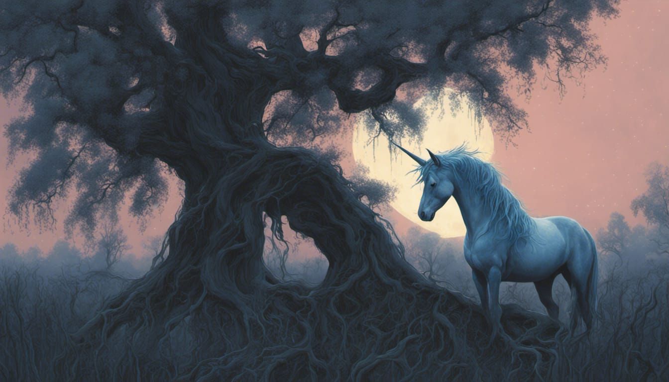Unicorn in Forest Clearing Under Blue Moon