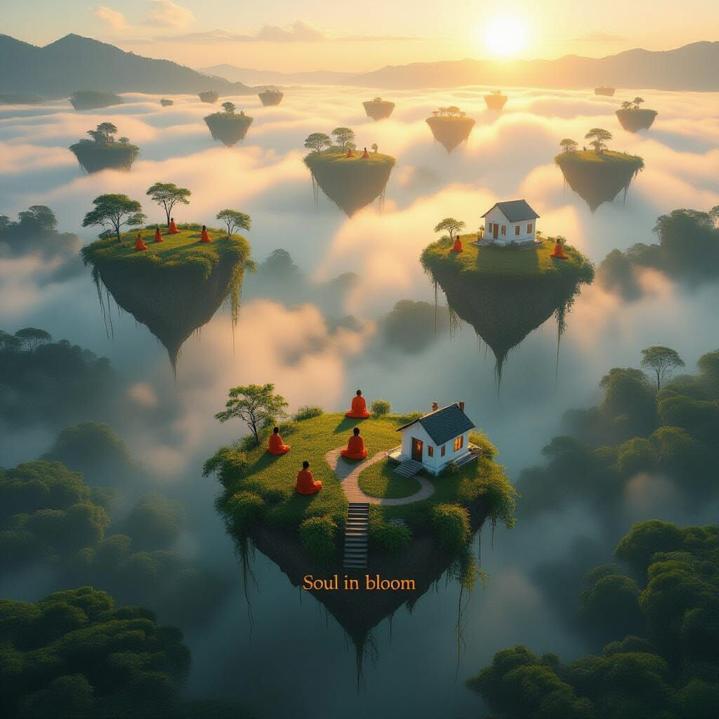 Surreal Amazon Rainforest with Floating Islands and Meditati...