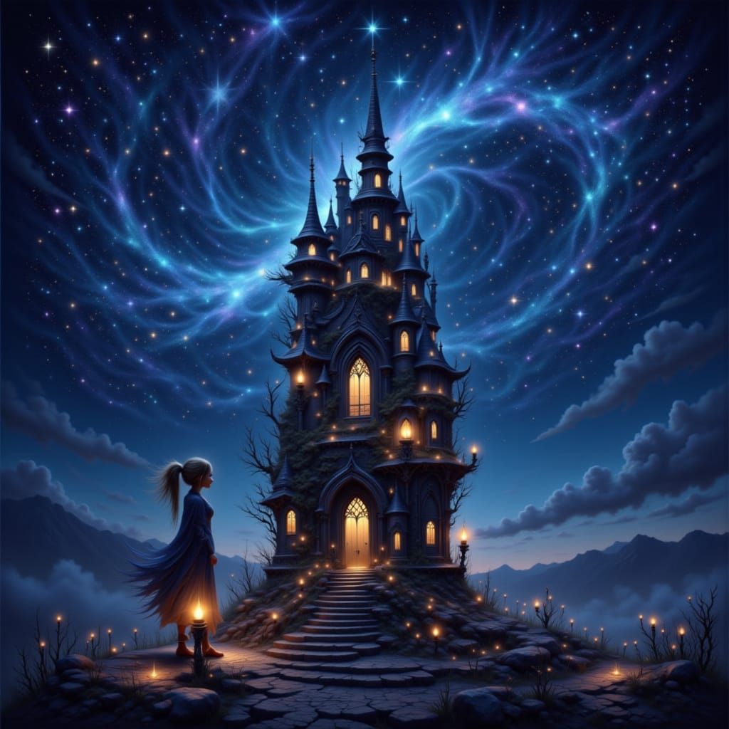 Woman Watches Stars in Castle Tower