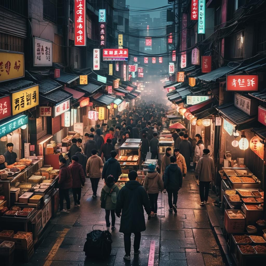 Cyberpunk Korean Cityscape with Neon and Holograms