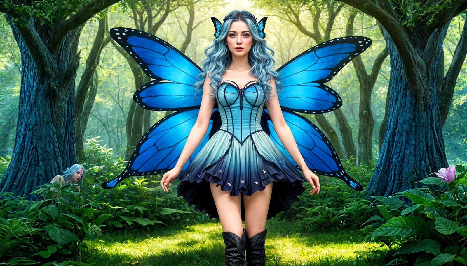 Elven Woman with Butterfly Wings in Magical Forest