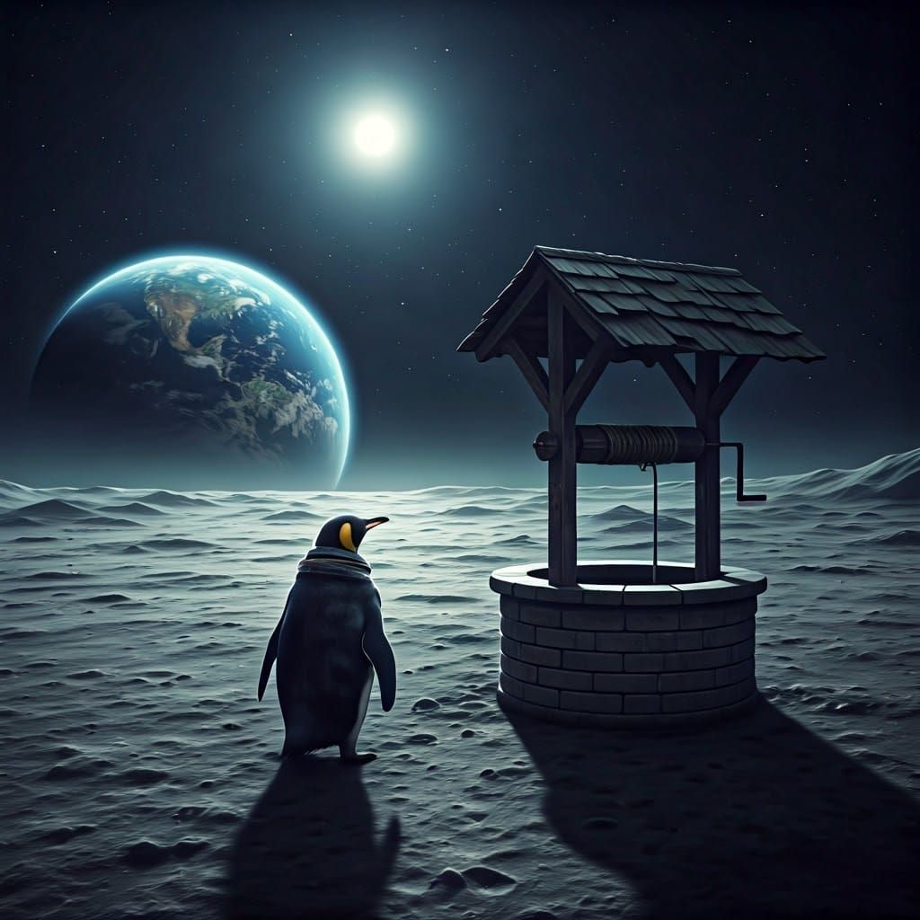 Penguin and well on the moon