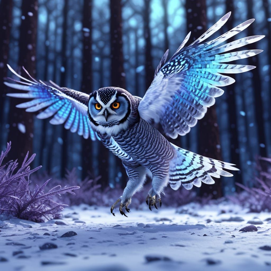 Futuristic Hawk Owl Flying in Winter Forest