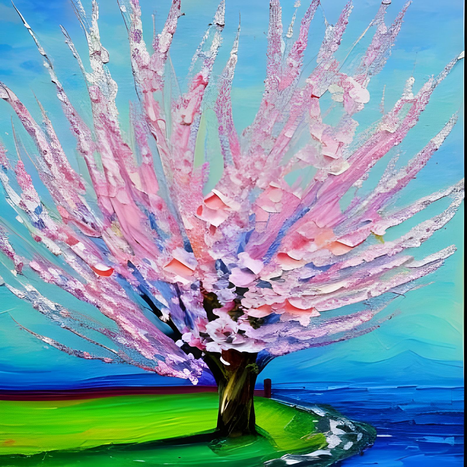 Lone Cherry Blossom Tree in Expressionist Style