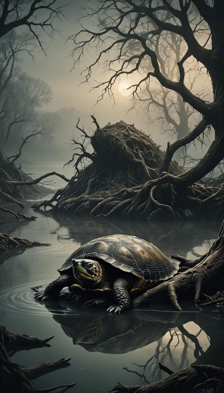 Turtle and Anaconda in Dark Fantasy Illustration