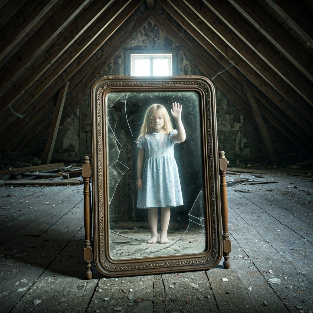 Ghostly Figure Reflected in Abandoned Attic Mirror