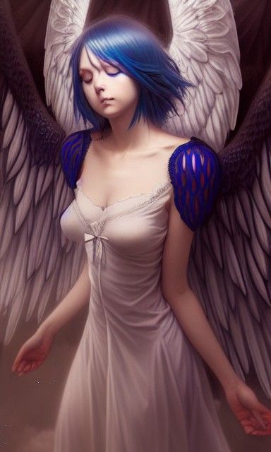 Anime Angel with Blue Hair, Hyperrealistic Digital Art