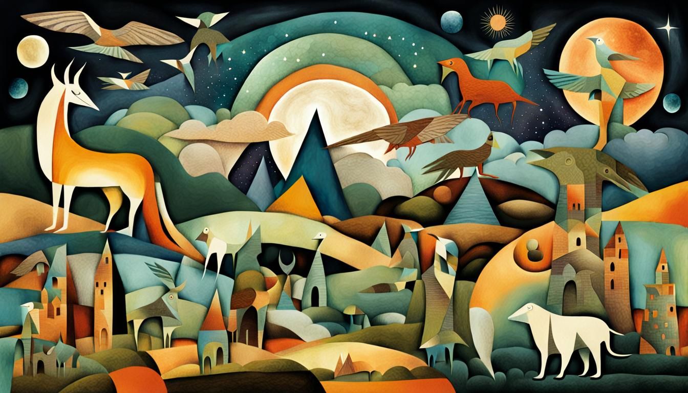 Surreal Cubist Dreamscape of Mythical Creatures