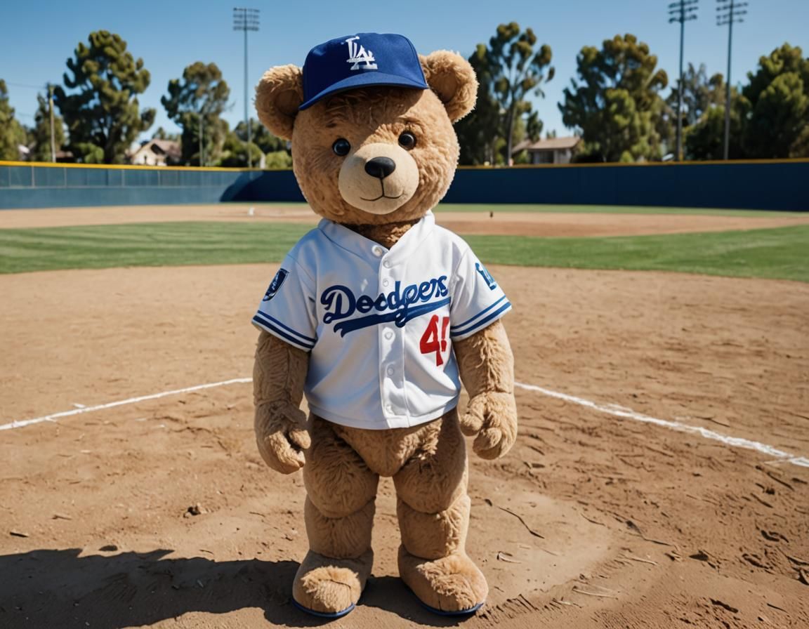 Teddy Bear in Dodgers Uniform on Baseball Field