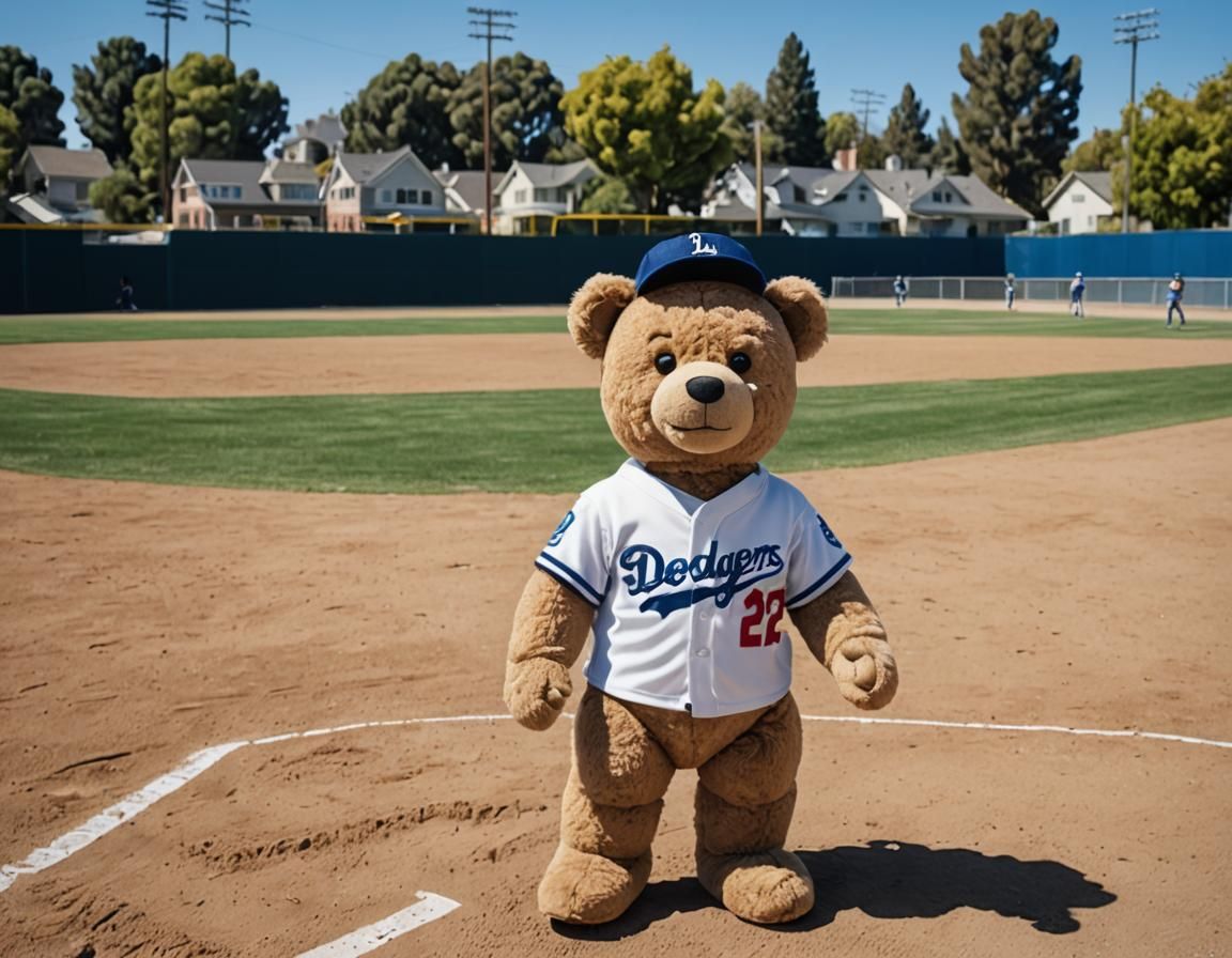 Teddy Bear in Dodgers Uniform on Baseball Field