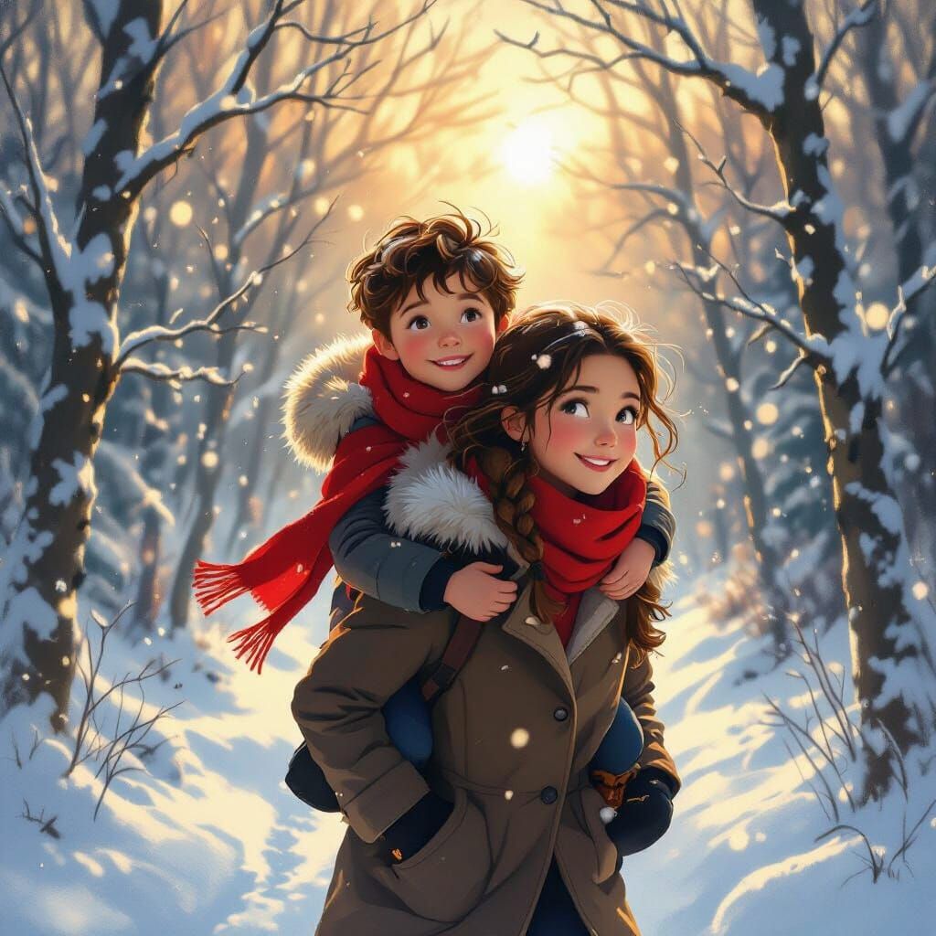Brother Carried Through Snowy Forest at Golden Hour