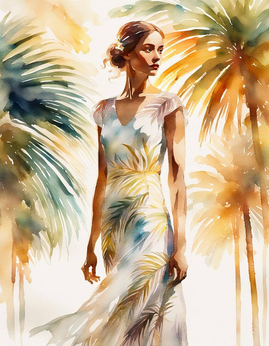 Woman and Palm Tree in Watercolor Double Exposure
