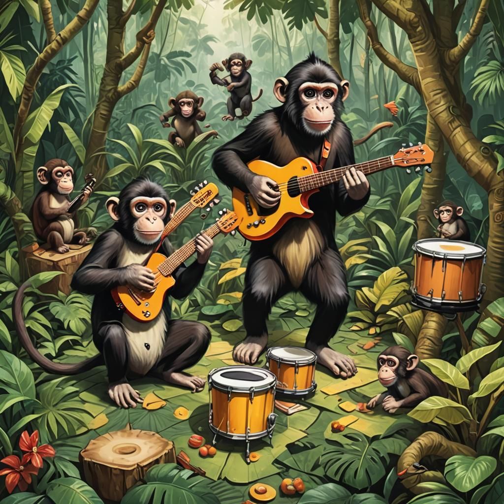 Monkeys Playing Music in the Jungle