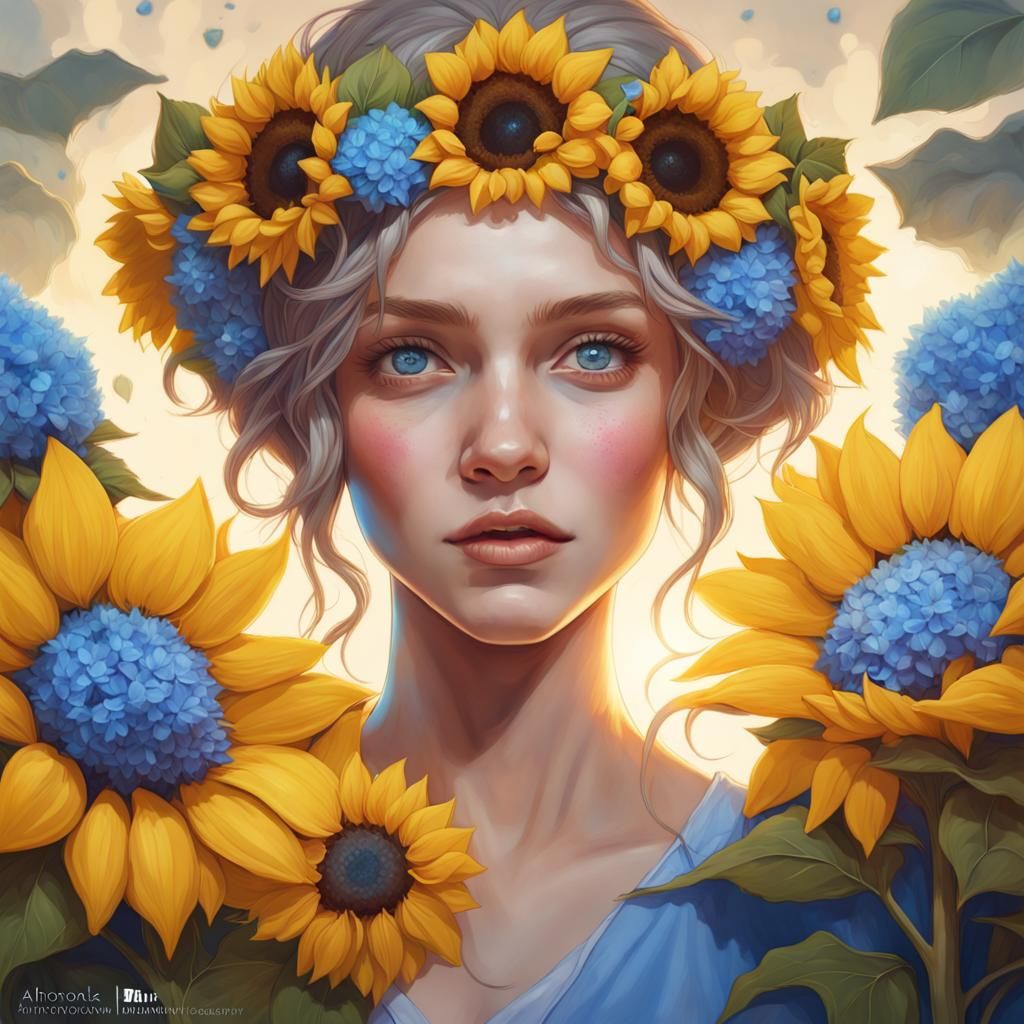 Ukrainian Teen with Sunflowers, Hyperdetailed Portrait