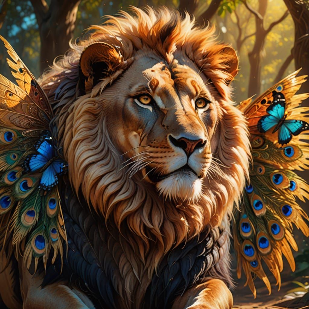 Lion with Butterfly Wings in Enchanted Forest