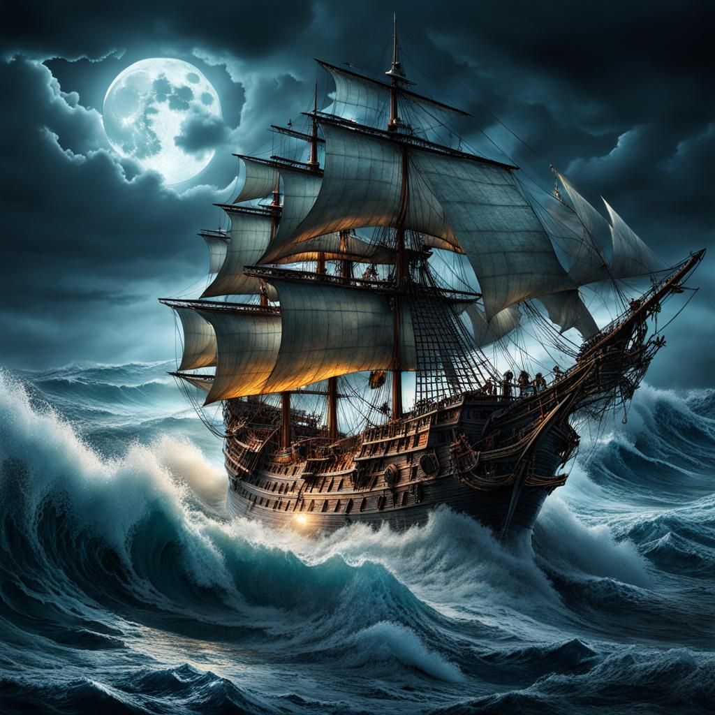 Pirate Ship in Stormy Seas Under Full Moon