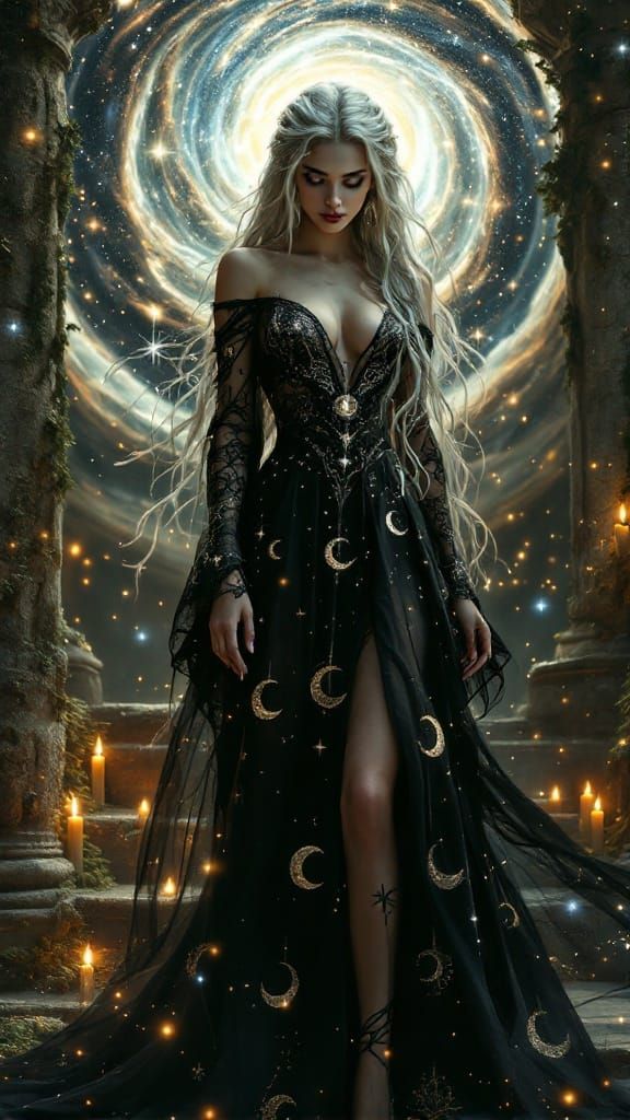 Mystical Moonlit Goddess in Cosmic Temple
