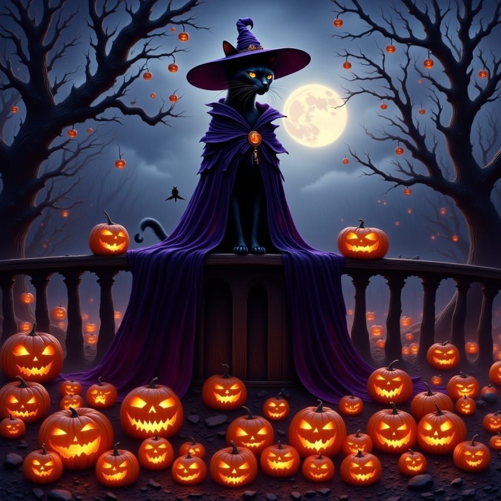 Black Cat Witch on Moonlit Fence with Glowing Pumpkins