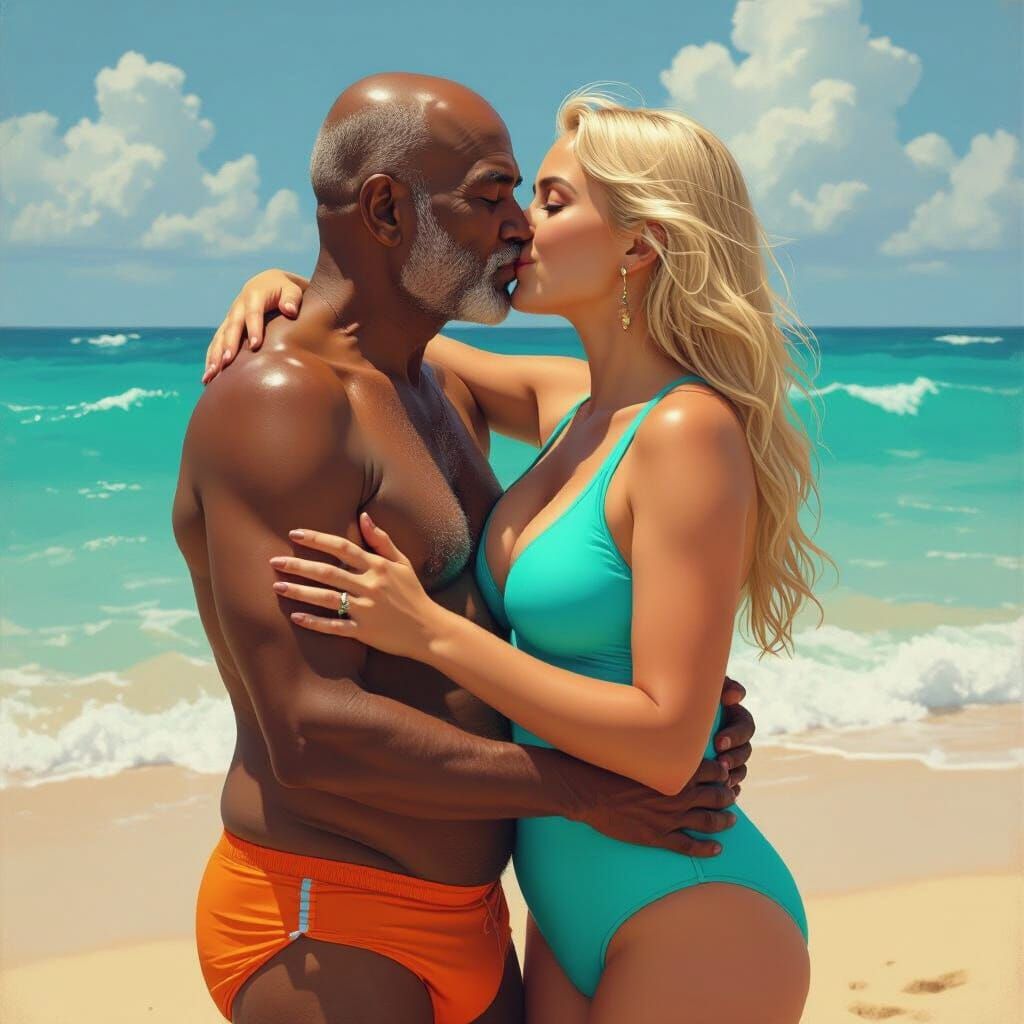 Passionate Embrace on a Golden Beach in Digital Painting Sty...