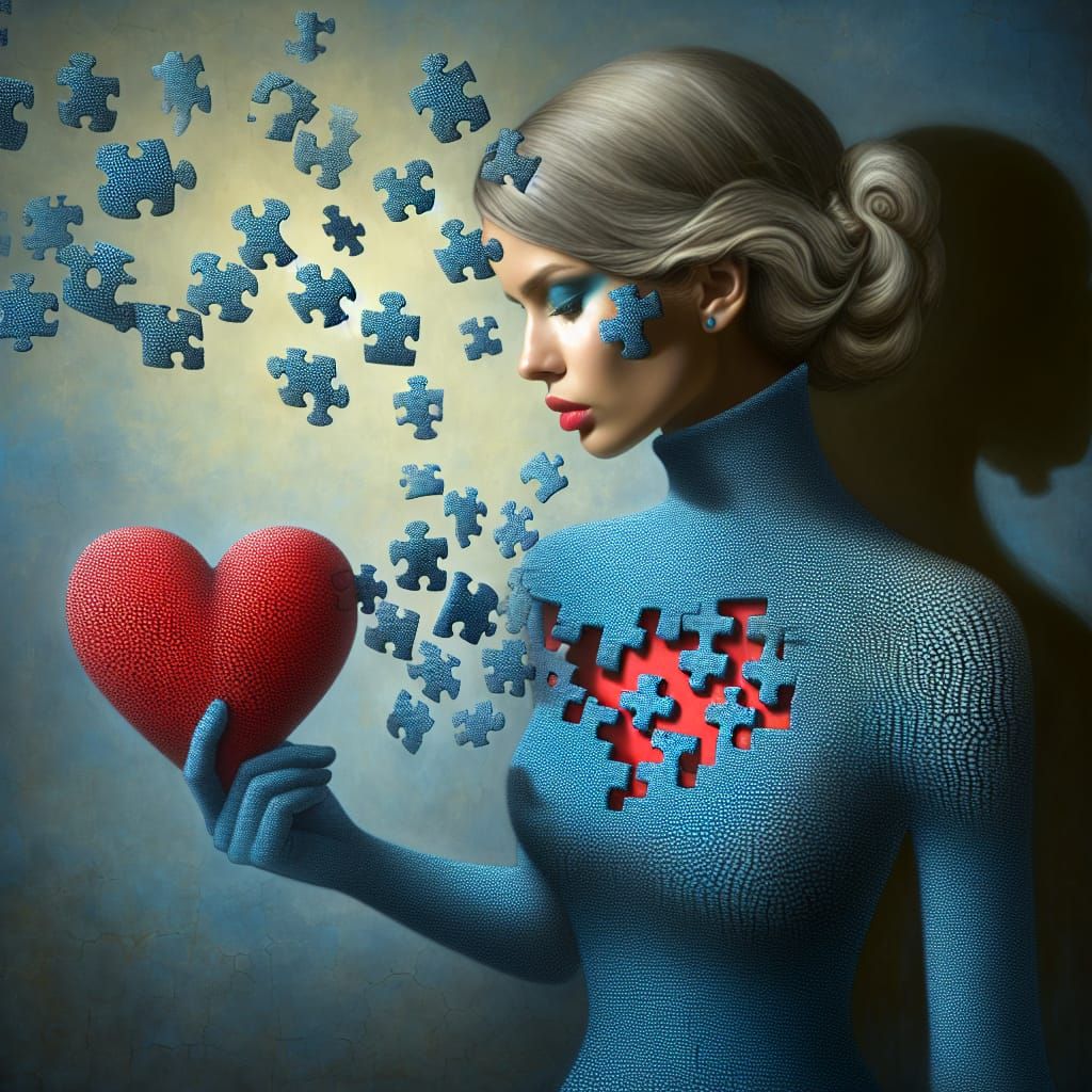 Surreal Woman Reassembles Broken Heart Puzzle