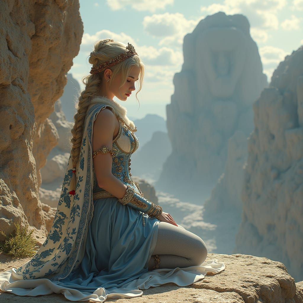 Regal Maiden Meditates Beside Colossal Canyon Relief