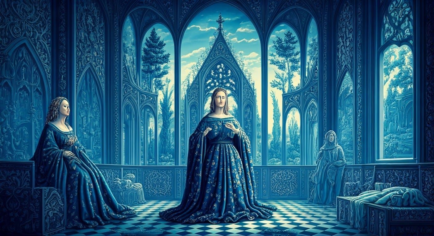 Surreal Tapestry Scene in Delft Blue Palette