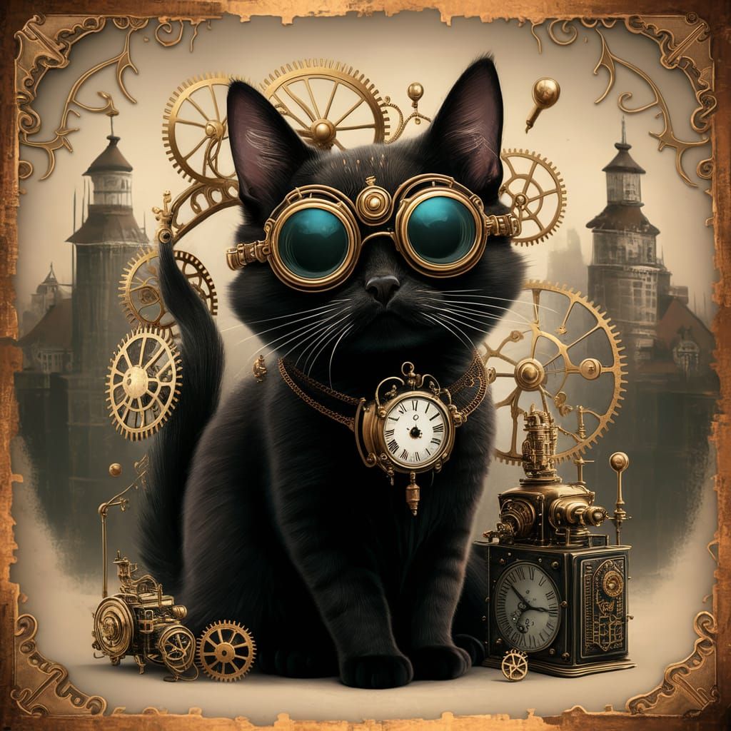 Steampunk Black Cat with Goggles and Clock