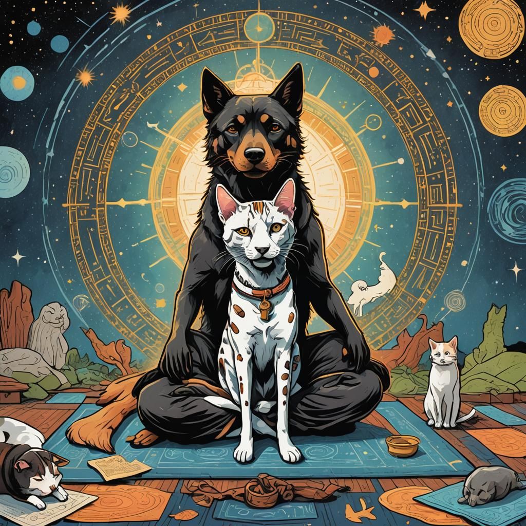 Dog and Cat Doing Yoga in Comic Book Art Style