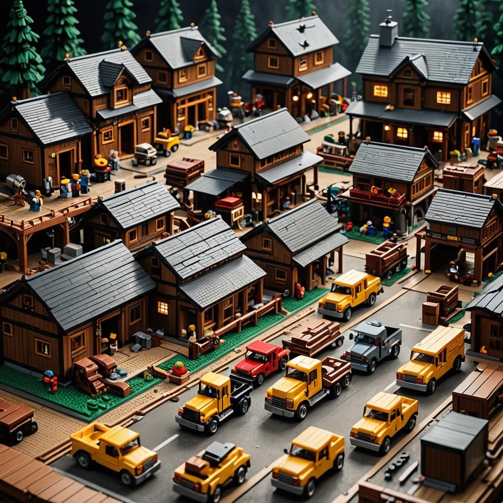 Hand Carved LEGO Lumber Yard in Hyperrealistic Style