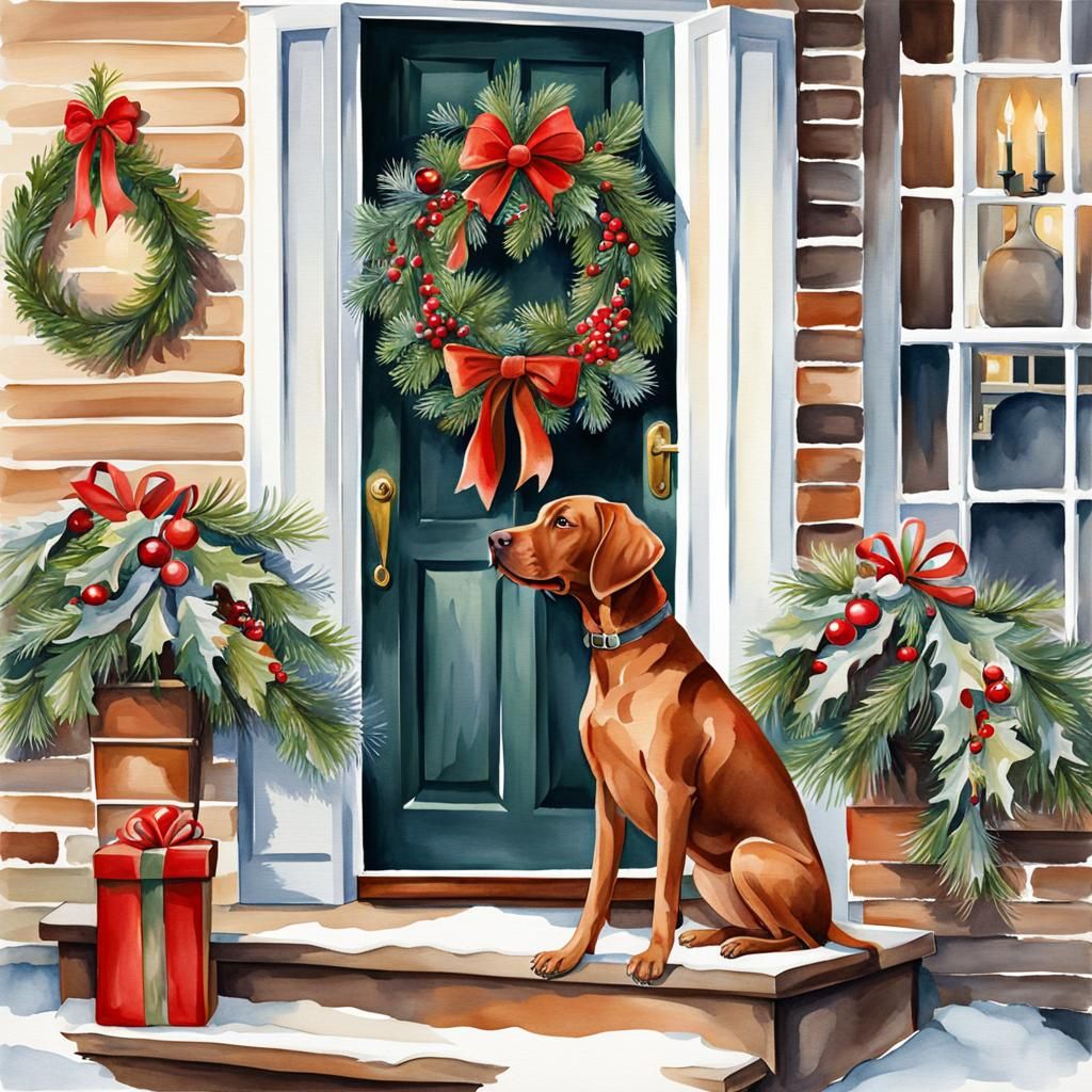 Vizsla dog Christmas Porch