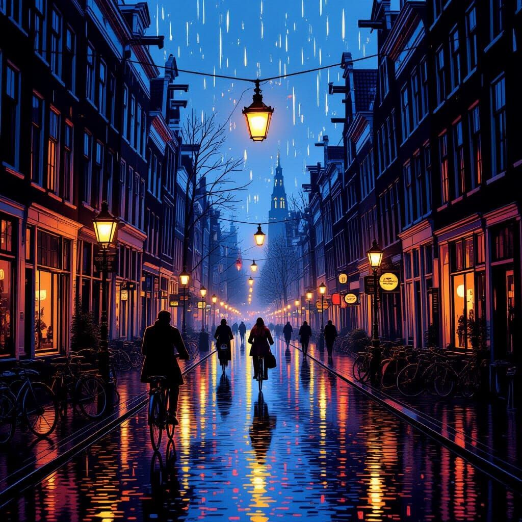 Rainy Amsterdam Twilight Glow in Graphic Novel Style