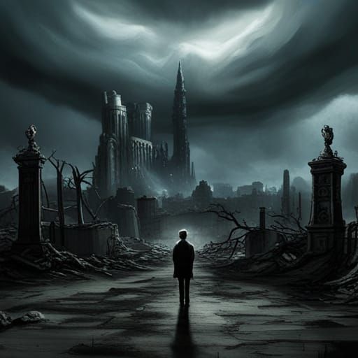 Sad Monster Observes Ruined City, Tim Burton Style