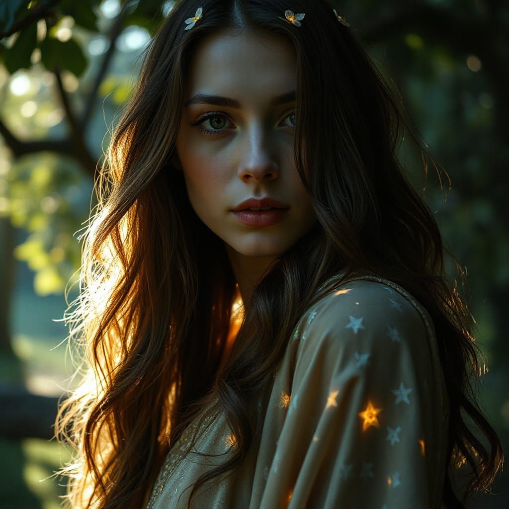 Mysterious Woman with Glowing Flowers in Ethereal Light