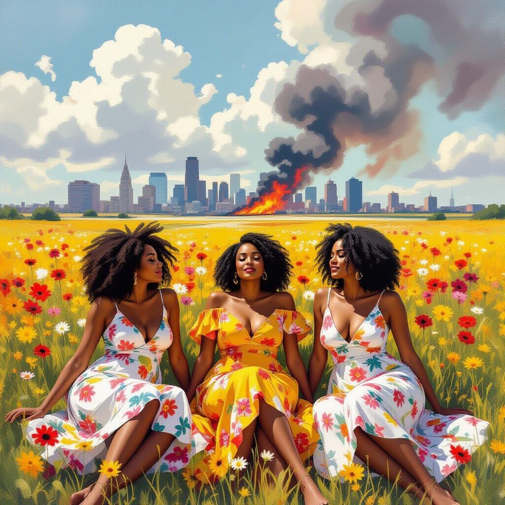 Women in Sunlit Field Contrast City Chaos