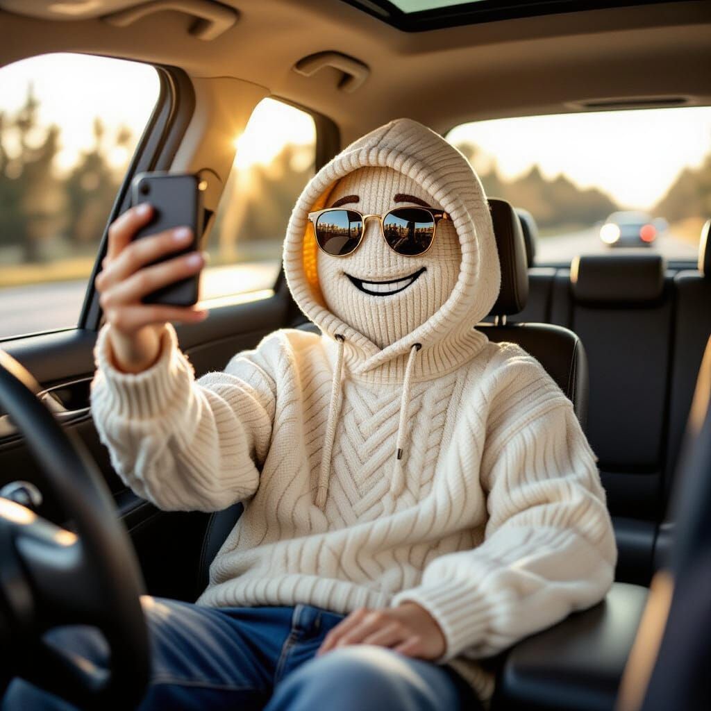 Anthropomorphic Clothes Take Car Selfie in Golden Hour