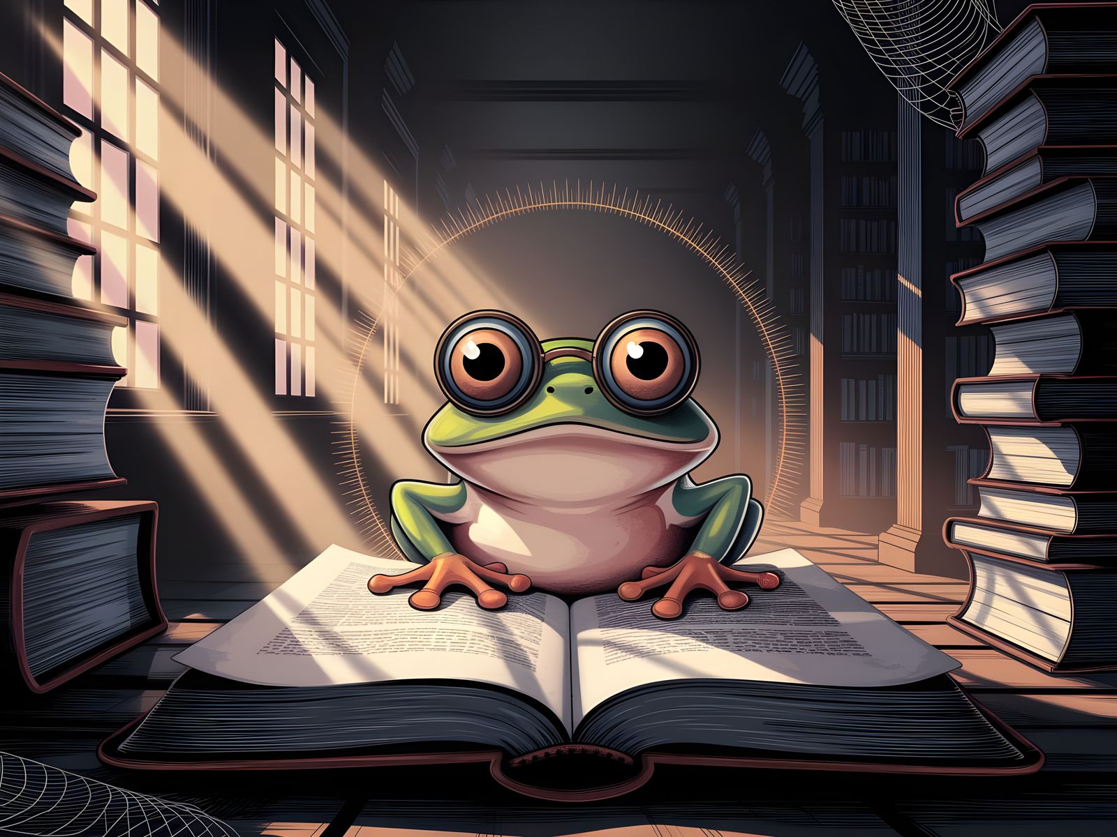 Frog Discovering Ancient Secrets in Forgotten Library