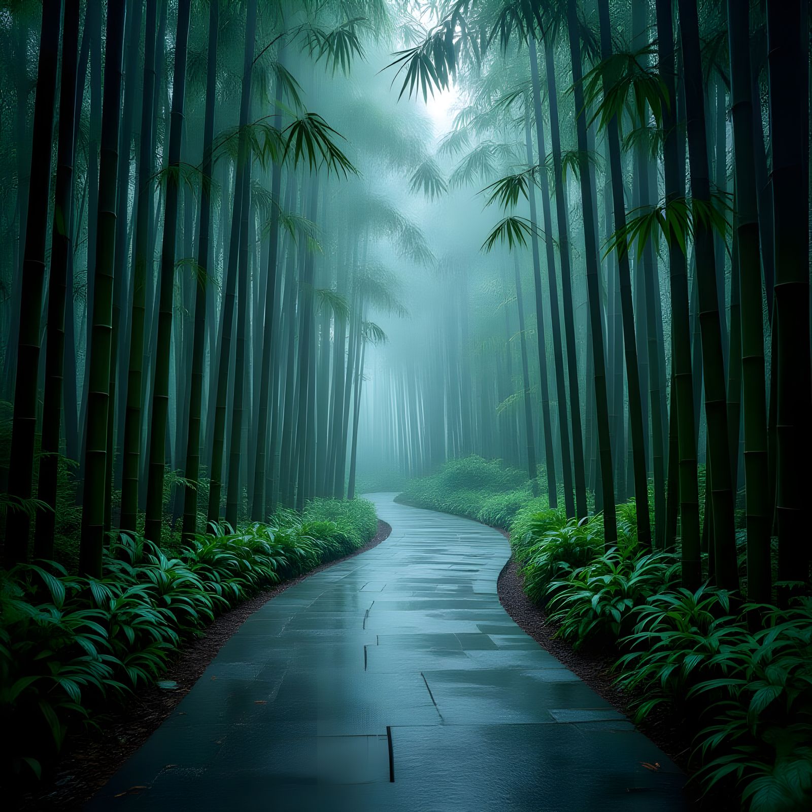 Mysterious Bamboo Forest Path in Ethereal Mist
