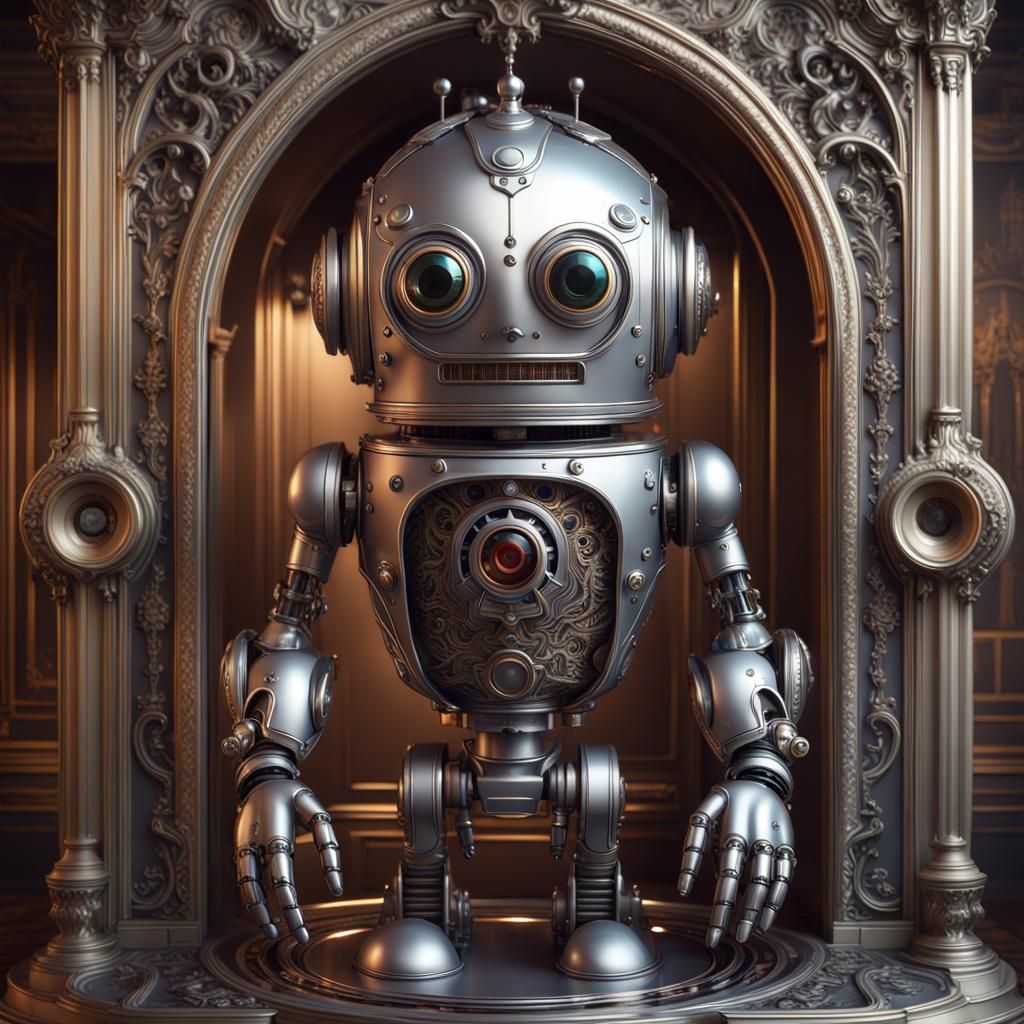 Hyperdetailed Robot Butler in Mansion: Airbrush Art