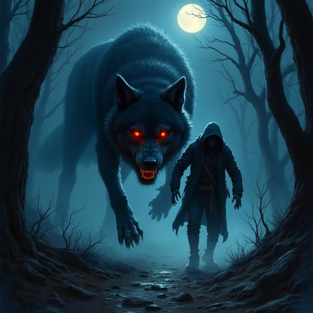 Menacing Wolf Hunts Man in Dark Fantasy Forest