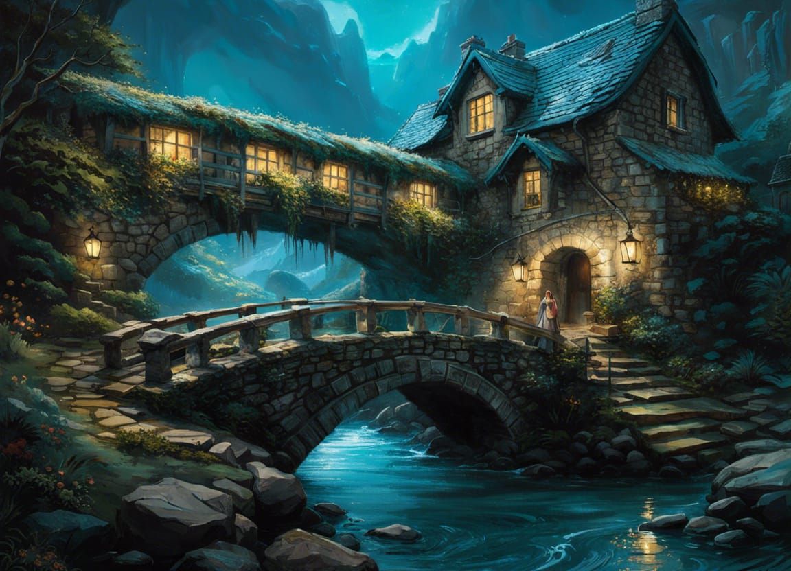 Ancient Stone Bridge at Night in Digital Art Style