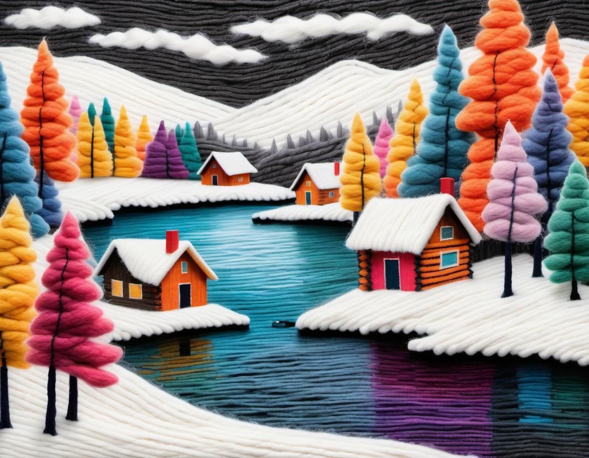 Landscape made of bright woolly woven winter wonderland, cab...