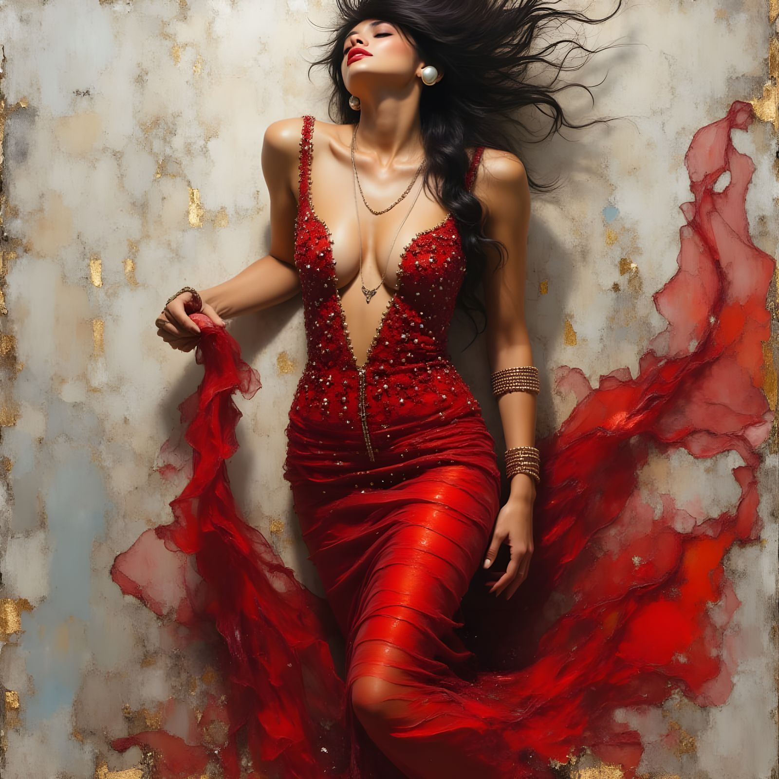 Elegant Woman in Crimson Gown, Romantic Art Nouveau Style