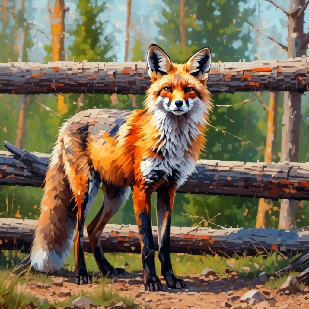 Red Fox by Rail Fence in Distressed Pixelation