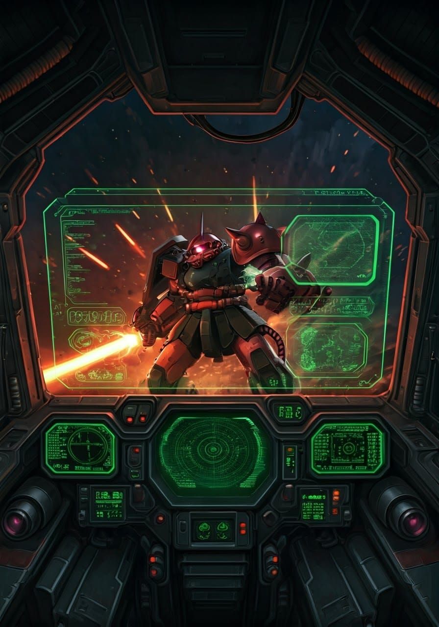 Zaku Cockpit View in Sci-Fi Anime Style