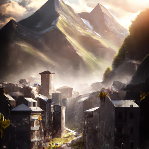 Picturesque Pyrenees Mountain Town: Digital Matte Painting