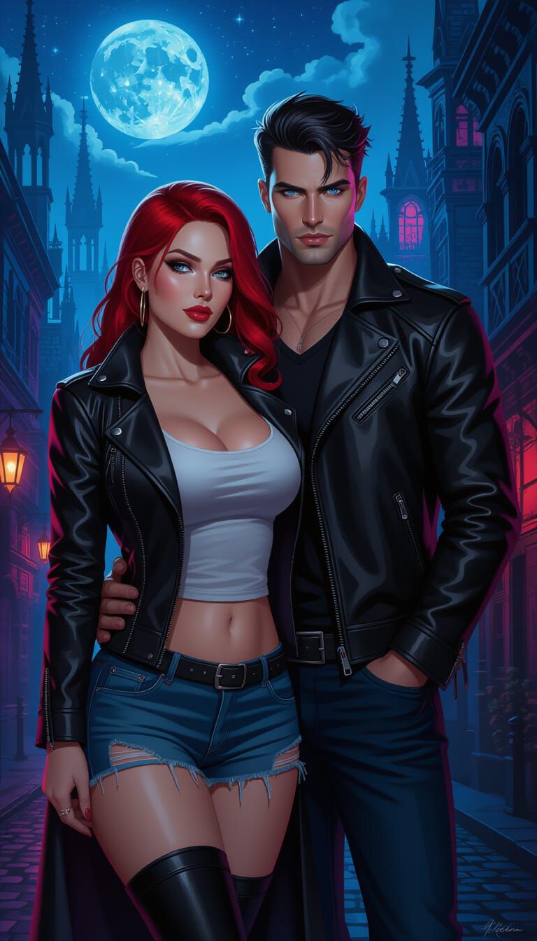 Cyberpunk Couple in Lunar Glow, Gothic Cityscape