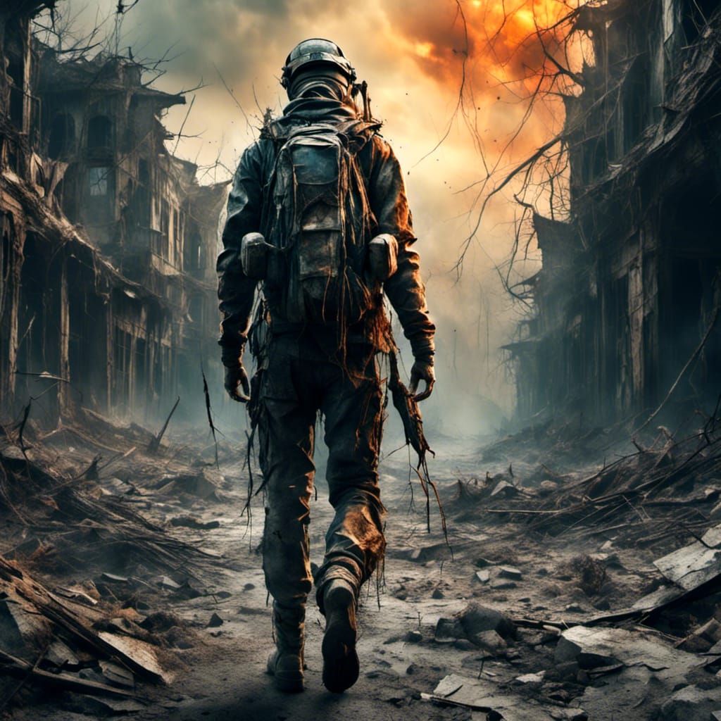 Futuristic Soldier in Post-Apocalyptic Townscape