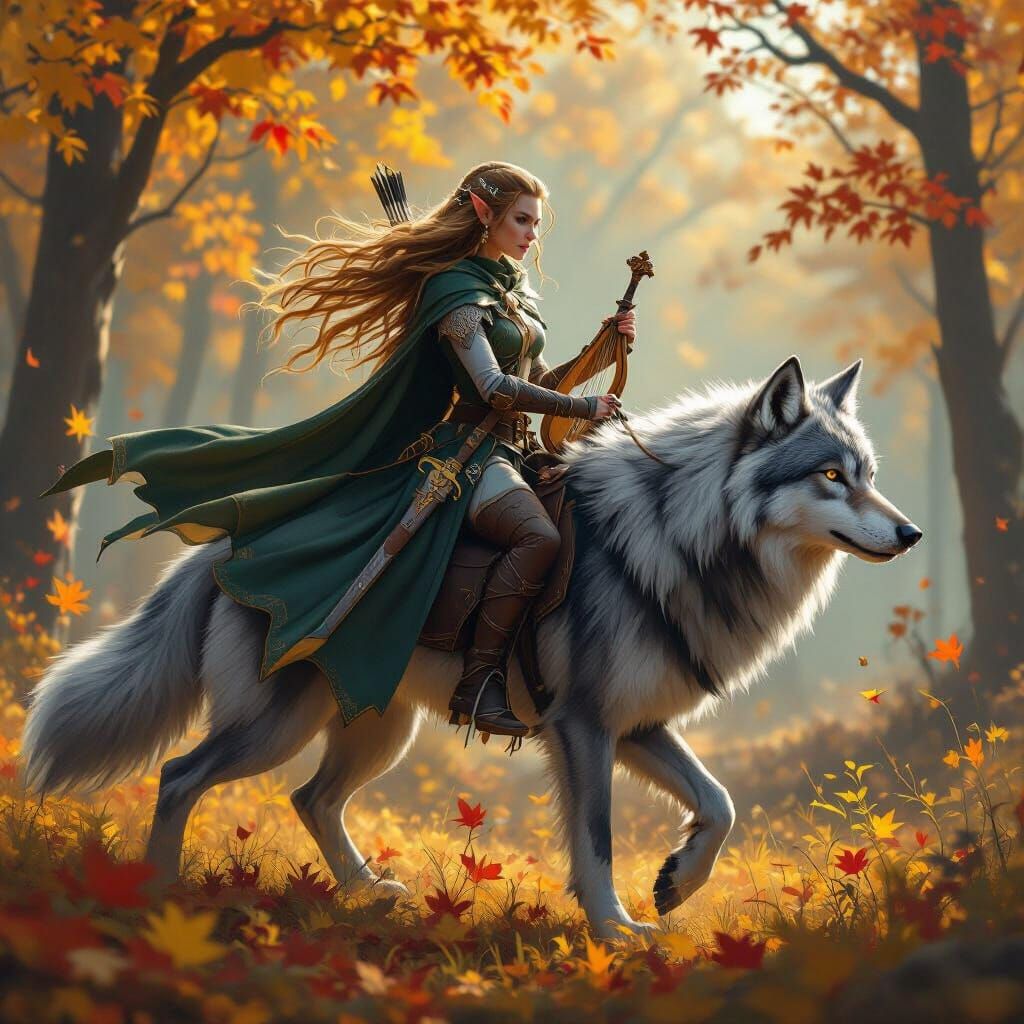 Elf Rider on Wolf Through Autumn Forest